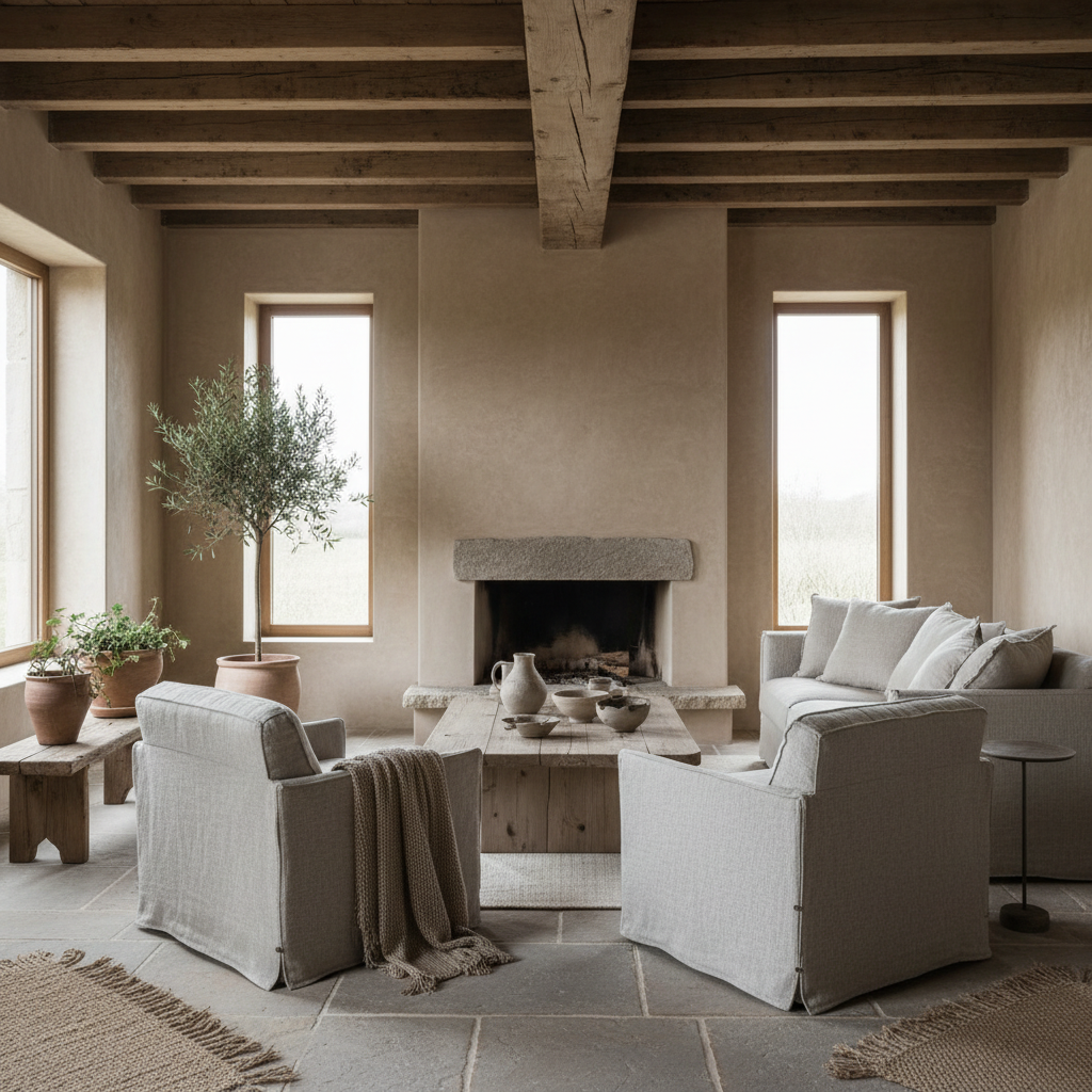 A serene living room in wabi sabi style, featuring natural materials like raw wood beams, handcrafte - Living Room design