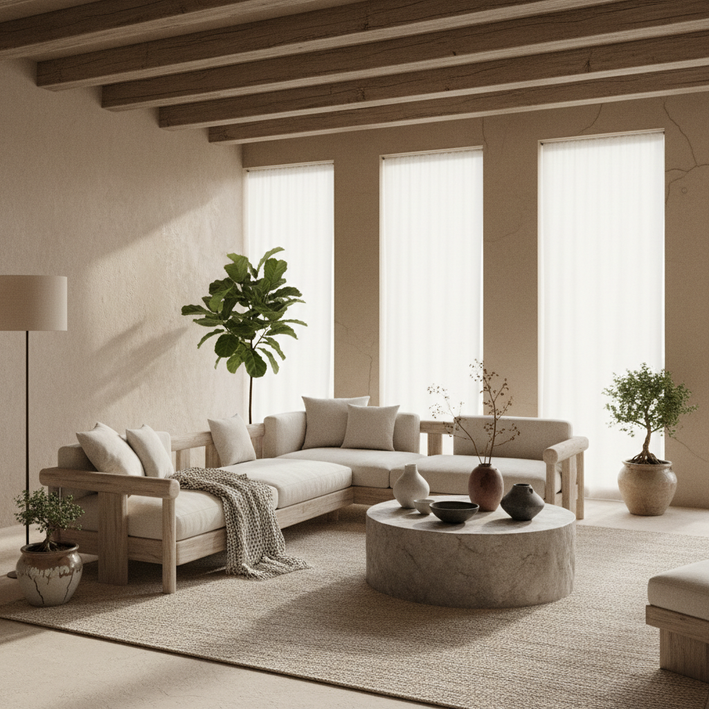 A serene living room in wabi sabi style, featuring natural materials like raw wood beams, handcrafte - Interior design