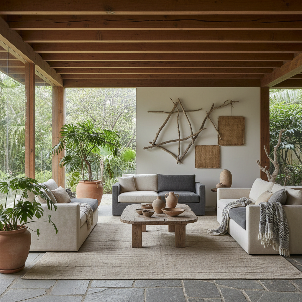 A serene living room in brazilian style, featuring natural materials like raw wood beams, handcrafte - Interior design