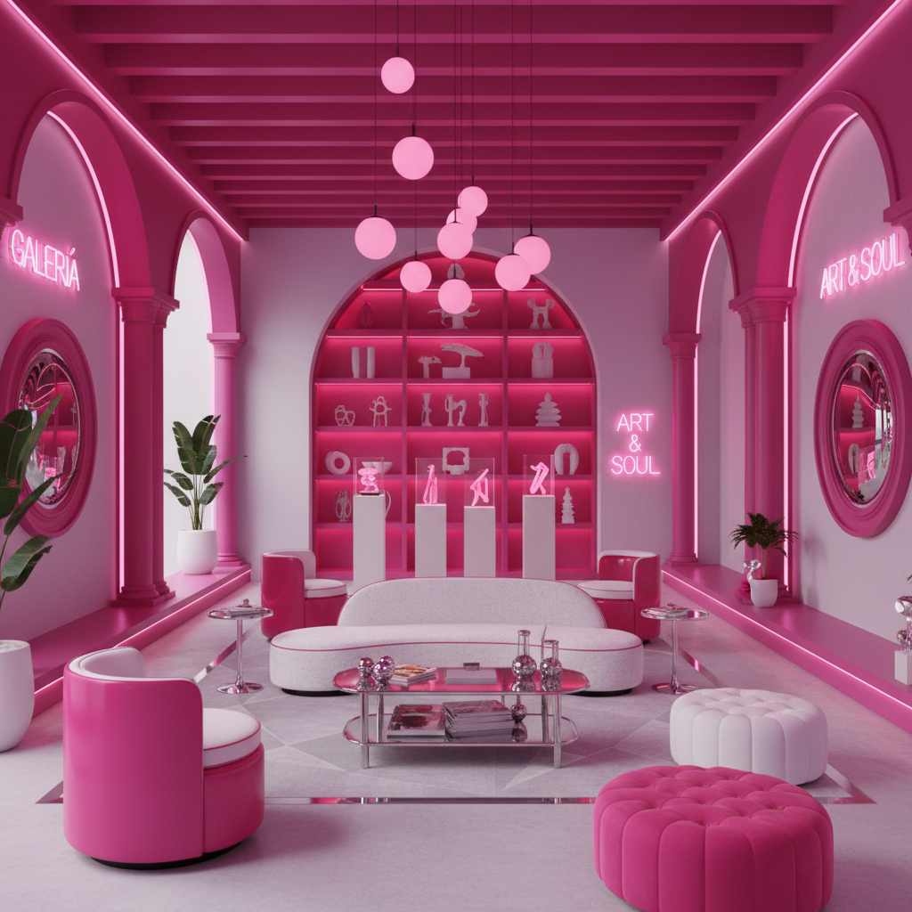 Restyle this room with a bold hot pink theme while preserving structure. Use hot pink as the hero co - Interior design