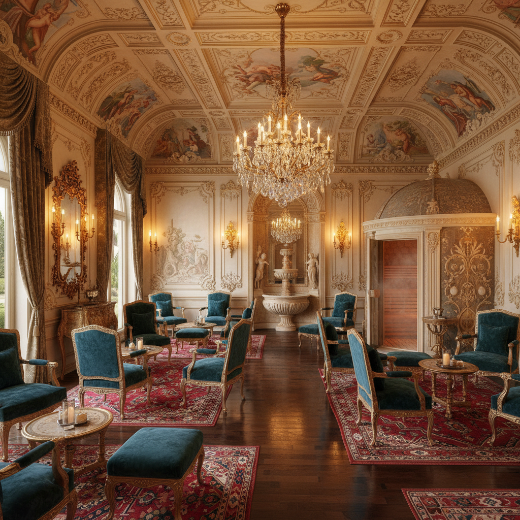 Design a Baroque-style spa or sauna room with rich, opulent details, set amidst a lavish, ornate bac - Spa / Sauna design