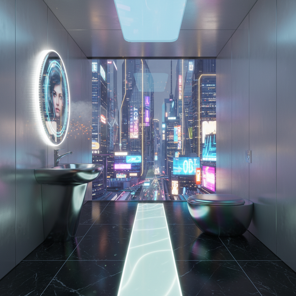 Imagine a sleek, futuristic powder room with a mesmerizing fusion of metallics and neon hues. The space is set amidst a futuristic cityscape, with a backdrop of gleaming skyscrapers and neon-lit billboards. Walls are clad in polished silver and chrome, with a subtle sheen that hints at advanced materials. The floor is a gleaming black marble, punctuated by a radiant, luminescent floor strip that pulsates with a soft, blue-green light. A stunning, curvaceous sink basin is crafted from a gleaming, mirror-finish chrome, surrounded by a halo of LED lighting that casts an ethereal glow. A free-standing, egg-shaped toilet is adorned with a shimmering, iridescent sheen, while a wall-mounted, holographic mirror adds an air of mystique. The air is filled with the soft hum of gentle, ambient music, and the scent of a refreshing, citrusy fragrance wafts through the air, leaving a lasting impression on