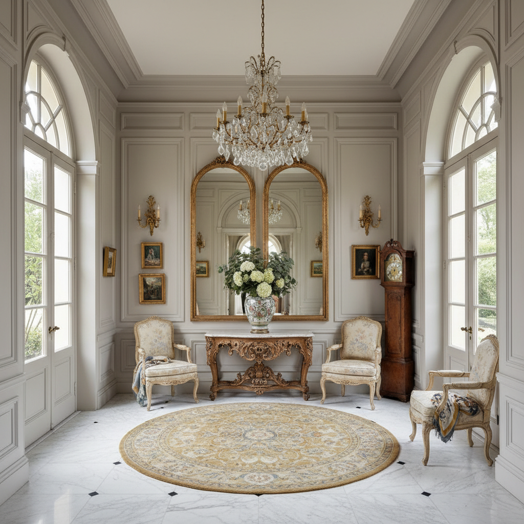 A beautiful entrance or porch designed in Francés style. Transform this interior into a classic French look while maintaining architecture. Use soft colors, ornate lighting, carved wood furniture, and luxurious fabrics. Add paneling or molding effects, elegant mirrors, and curated art for a refined Parisian tone. The space features carefully selected furniture, harmonious colors, natural lighting, and thoughtfully placed decorative elements that create a welcoming and aesthetically pleasing atmosphere.