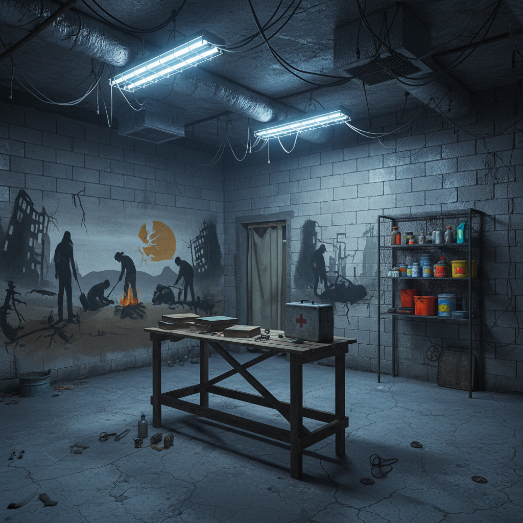 Design a medical office or consulting room in a Post-Apocalyptic style, reminiscent of a makeshift clinic in a world ravaged by disaster. The space should exude a sense of resilience and survival, with a focus on functionality and practicality. The walls are constructed from repurposed concrete blocks, with exposed ductwork and pipes adding to the utilitarian aesthetic. The floor is made of polished concrete, with a few scattered medical supplies and tools strewn about. Fluorescent lights hum overhead, casting an eerie glow over the space. A small, rickety wooden table serves as a makeshift examination table, adorned with a few well-worn medical texts and a battered first-aid kit. The walls are adorned with makeshift murals depicting the struggle for survival in a post-apocalyptic world. The color palette is dominated by shades of grays, blues, and earthy tones, with splashes of bright colors from scavenged medical equipment and supplies. The atmosphere is tense and foreb