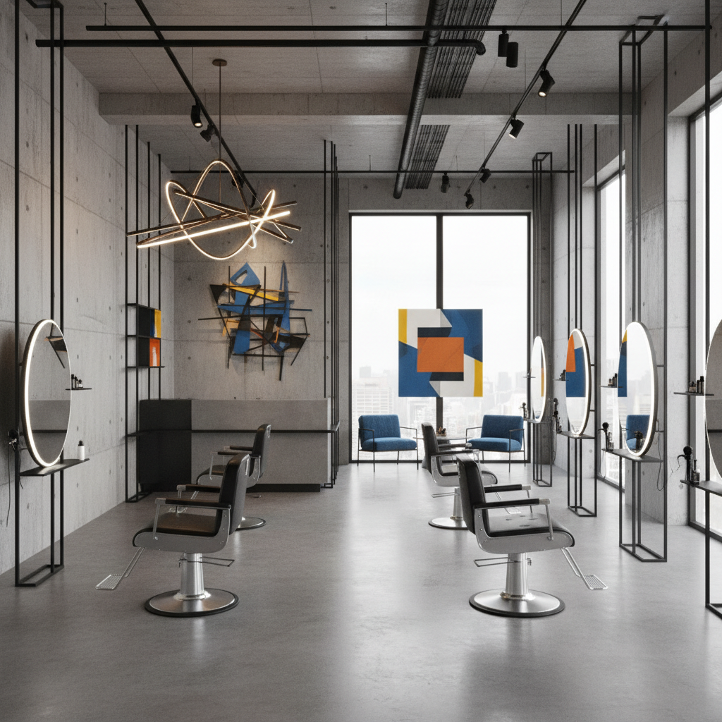 Generate a minimalist, industrial-chic interior design for a hair salon or barbershop in Vaciar Espa - Interior design