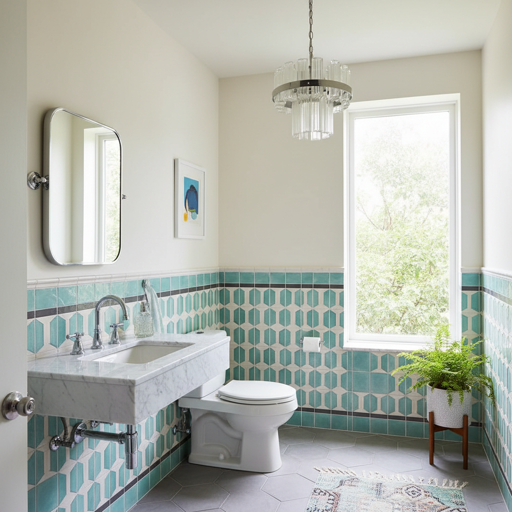 Imagine a powder room in Vintage Moderno style, where Art Deco and Mid-Century Modern influences ble - Interior design