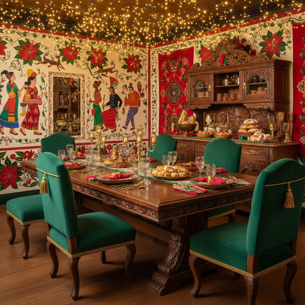 Create a vibrant and festive Navidad-inspired dining room with a warm and inviting atmosphere. The s - Interior design