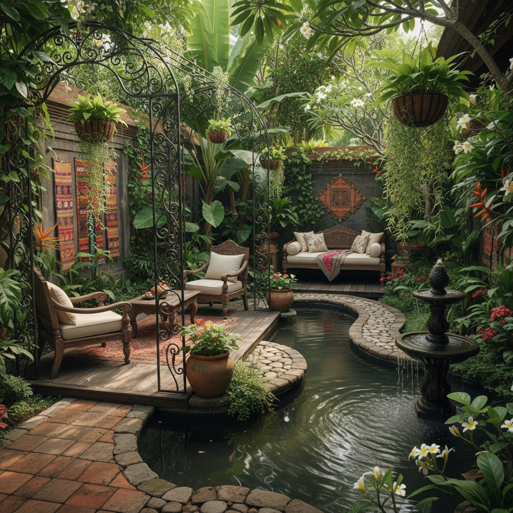 Generate a serene and exotic Bali-inspired garden, set amidst lush greenery and vibrant tropical flo - Garden design