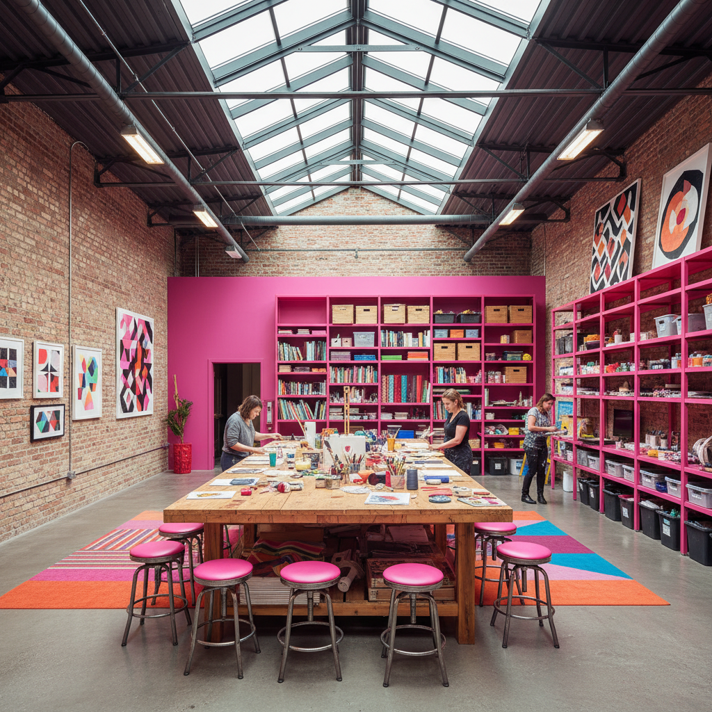 Design a vibrant Hot Pink creative workshop with industrial-chic accents, featuring exposed brick wa - Creative Workshop design