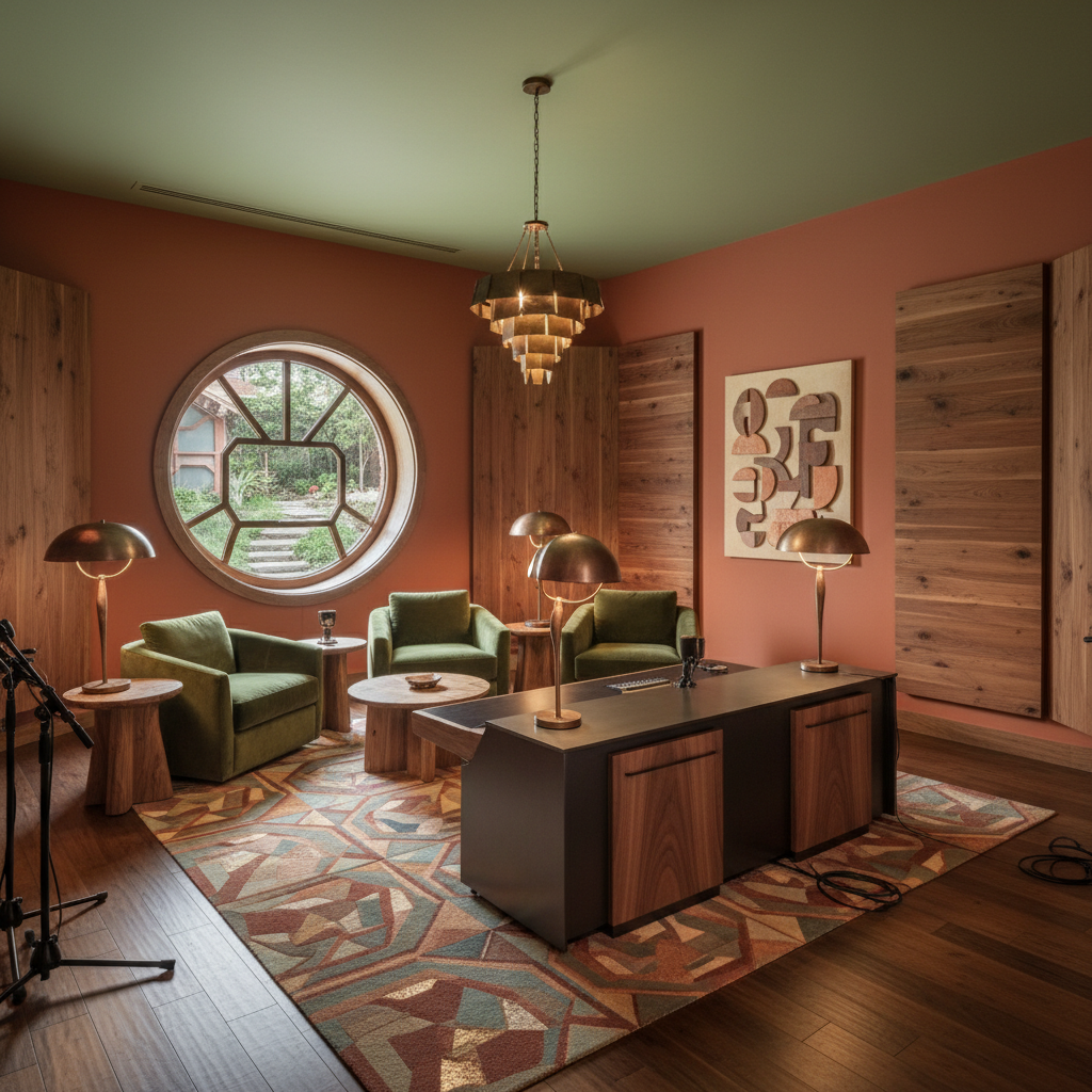 Design a recording studio or streaming room in a Transicional Equilibrado style, blending the organic and geometric elements. The space features a warm, earthy tone palette with rich wood accents, such as reclaimed walnut and terracotta-colored walls. The floor is made of dark-stained hardwood, while the ceiling is a soothing sage green. The furniture includes a sleek, low-profile recording console with built-in acoustic panels, surrounded by plush, oversized armchairs in a mossy green velvet. A statement piece is a striking geometric rug in a mosaic of terracotta, turquoise, and gold. Soft, warm lighting is provided by table lamps with sculptural metal shades, casting a cozy glow on the space. The atmosphere is calm, inviting, and artistic, perfect for creative expression and focus.