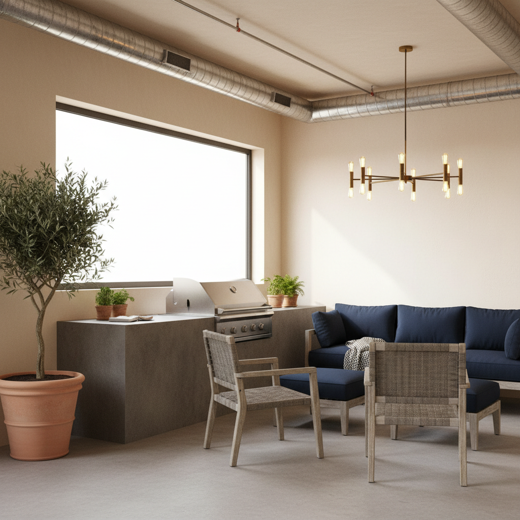 Design a modern grill area in an Urbano Compacto style, evoking the warmth of an Italian summer. The - Interior design