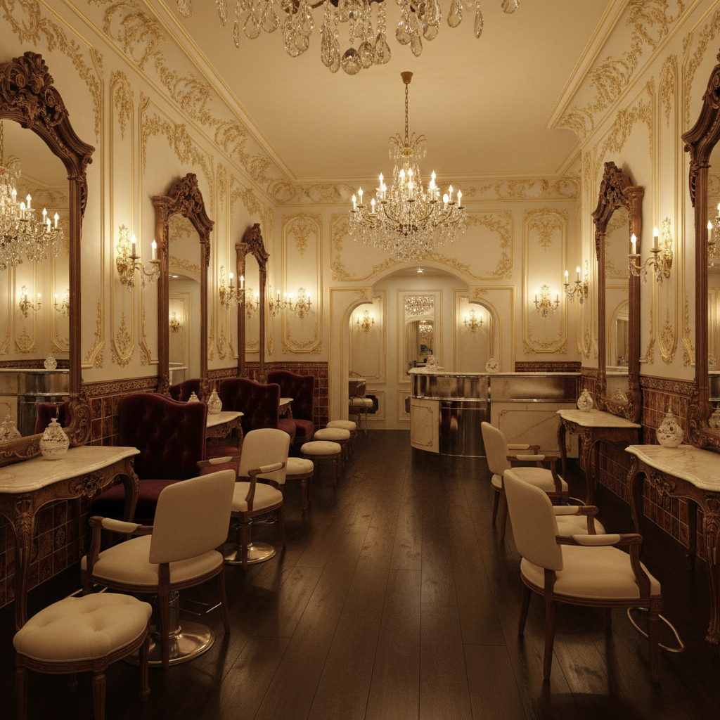 "Design a Hair Salon in French Classic style, with a elegant and sophisticated atmosphere. The space - Interior design