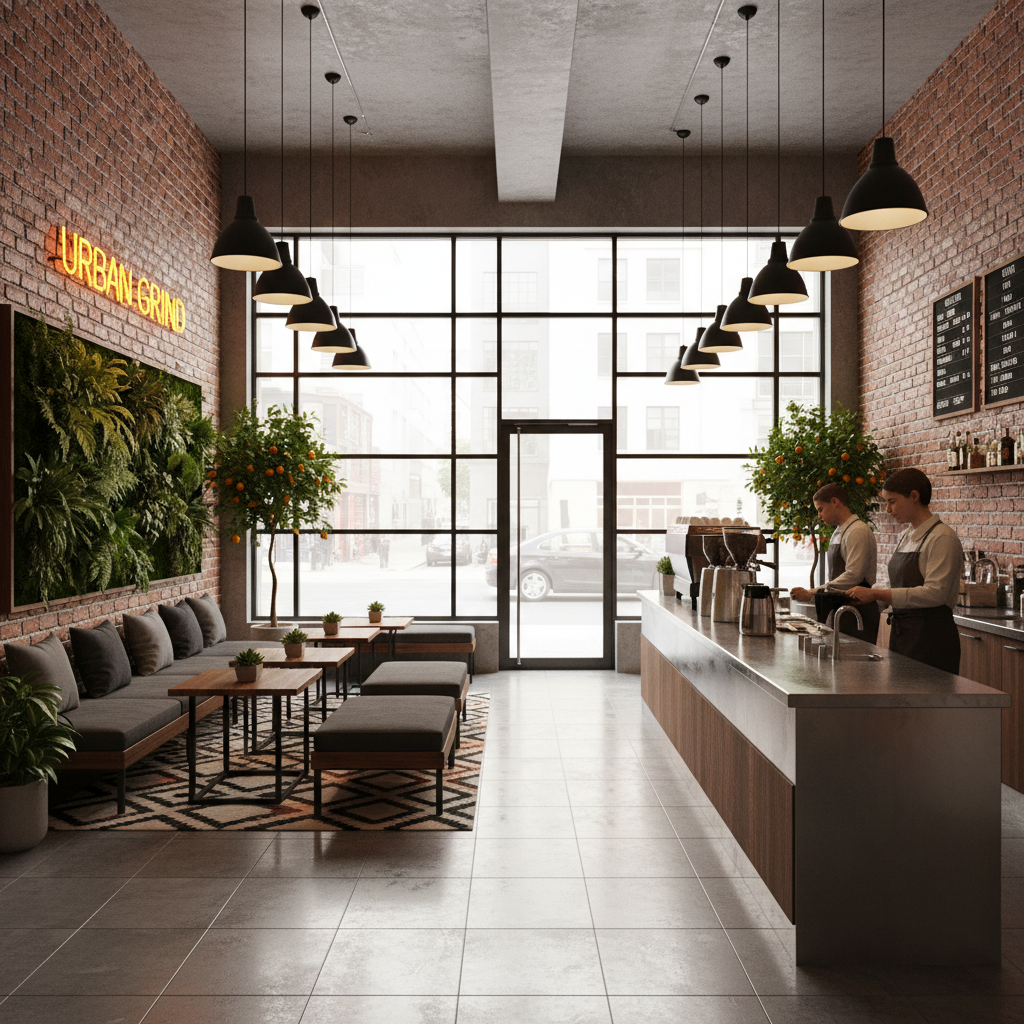 Generate a compact urban coffee shop with a sleek, industrial-chic aesthetic. The space features exp - Interior design