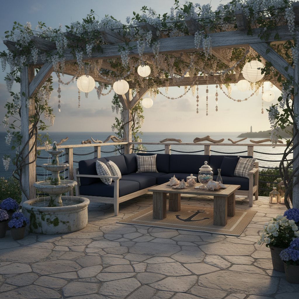 Imagine a serene nautical-themed patio, where the soothing blues and crisp whites of the ocean meet  - Interior design