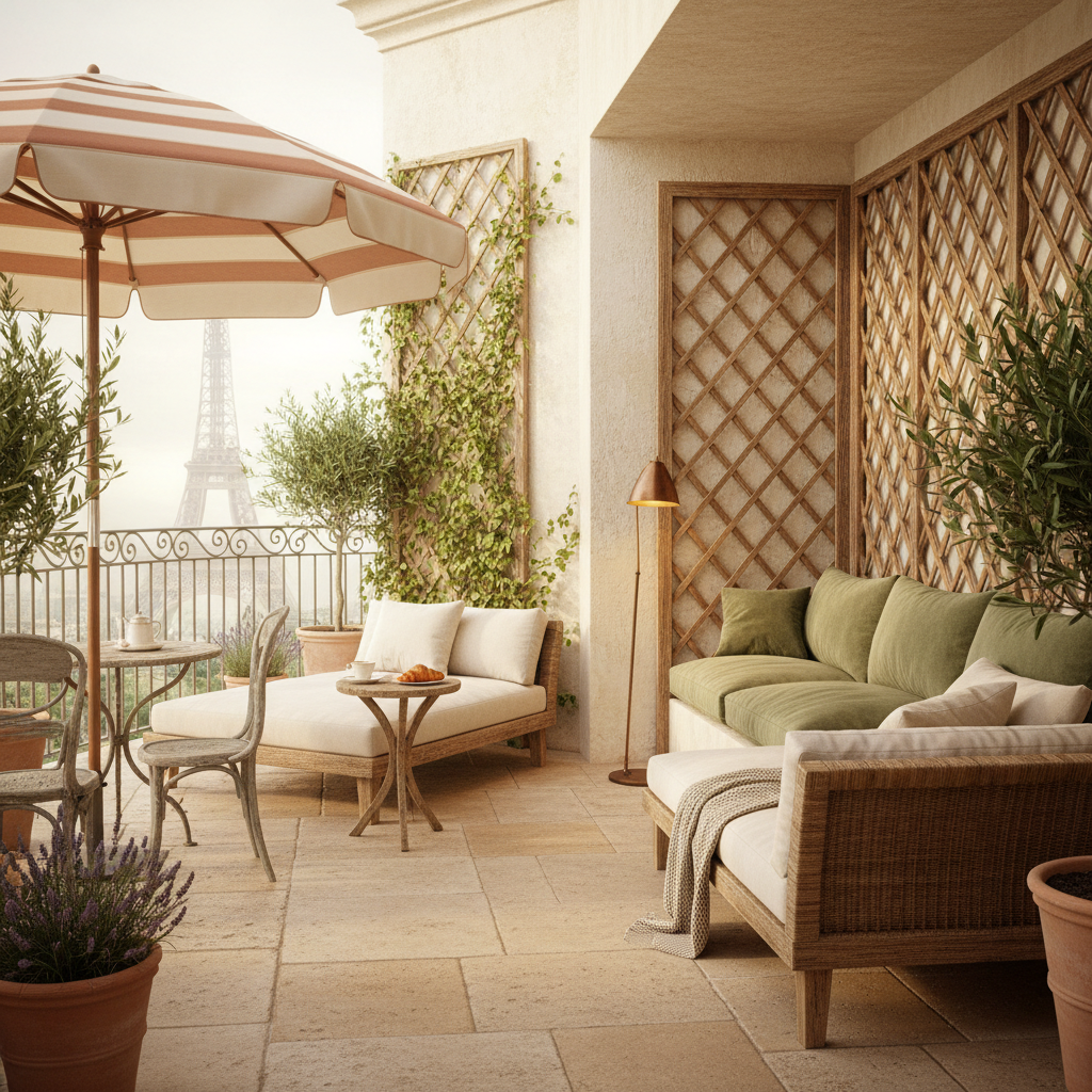Design a tranquil Parisian-style terrace with a rustic-chic aesthetic, featuring warm beige stone fl - Terrace design