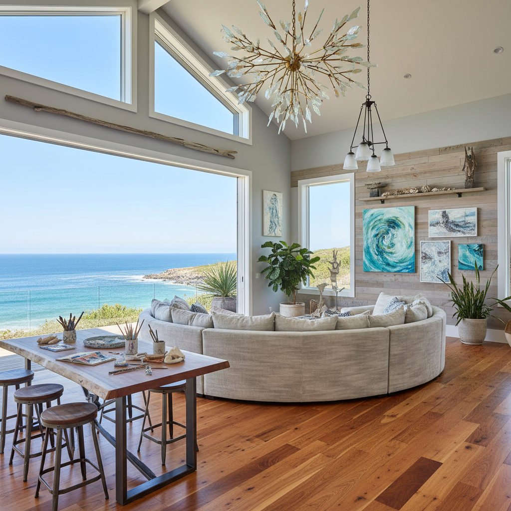 Design a Creative Workshop with a Modern Coastal aesthetic, incorporating natural textures and calmi - Modern Coastal design