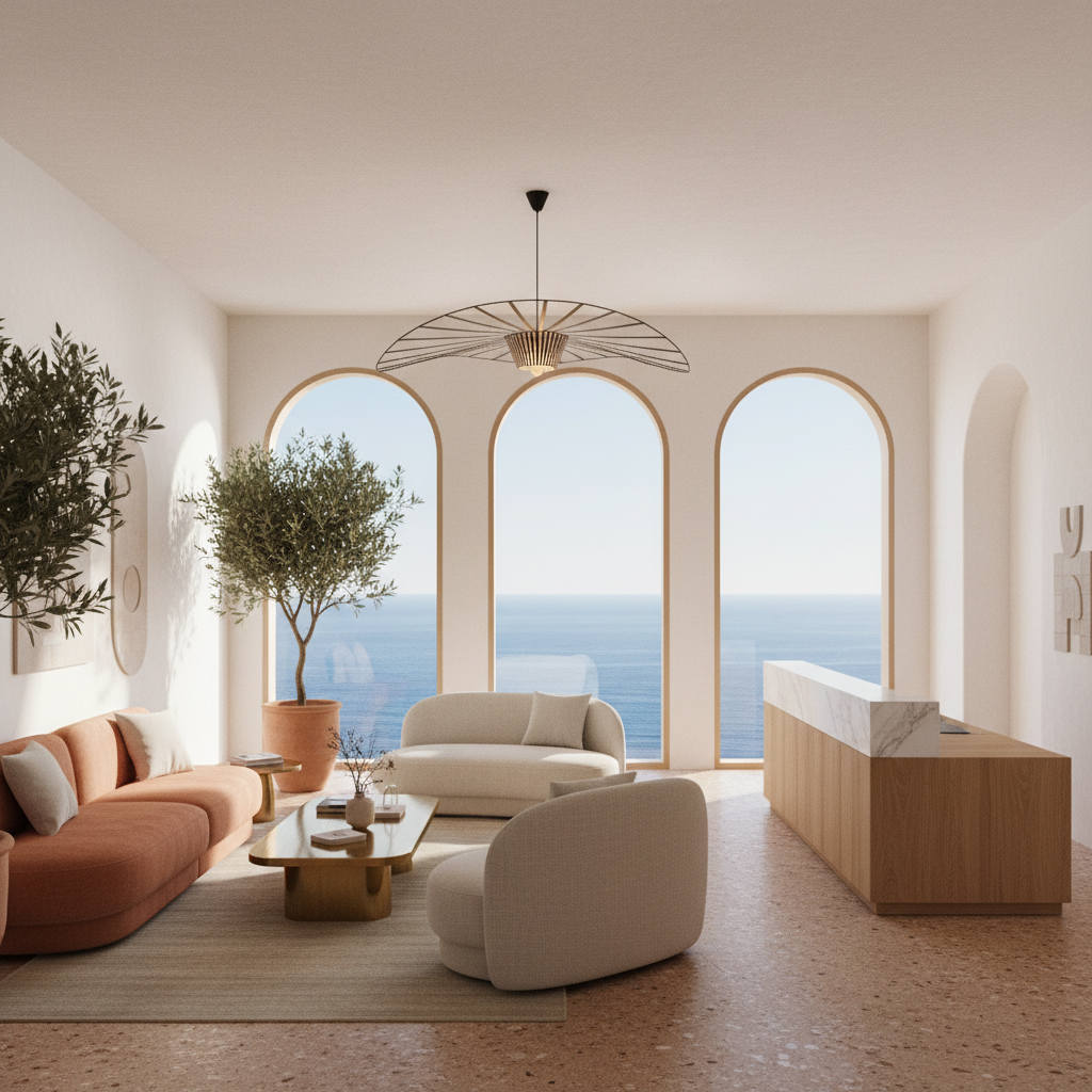 A sunlit, open-concept reception area bathed in warm Mediterranean tones — soft terracotta, creamy w - Reception design