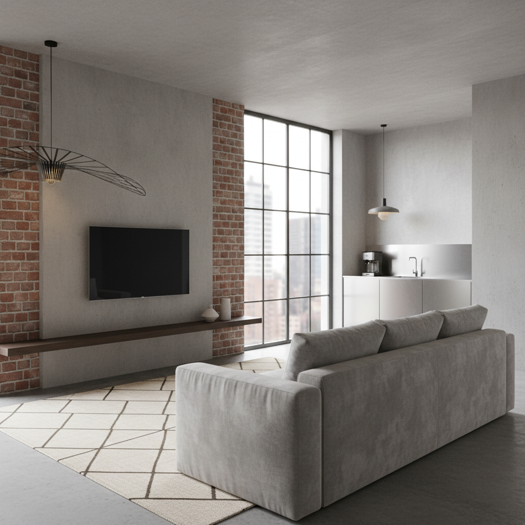 Generate a minimalist Main Living Room with Compact Urban style, characterized by a neutral color pa - Interior design