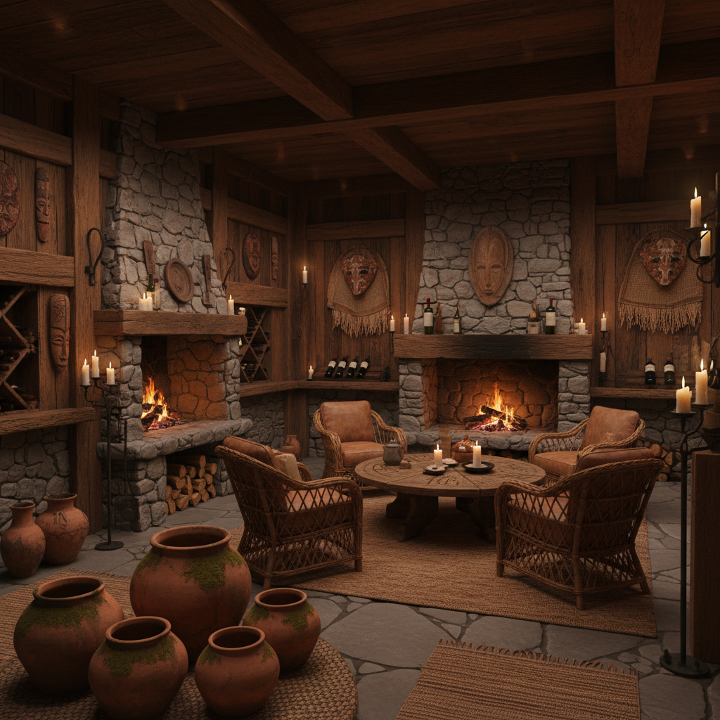 Imagine a dimly lit, intimate wine cellar with earthy tones and natural textures, evoking the spirit of a primal, tribal gathering. Walls are crafted from reclaimed, dark-stained wood, with irregularly-shaped stone hearths and organic, moss-covered terracotta pots adorning the floor. Earthy reds and ochres dominate the color palette, with rich browns and tans complementing the space. Polished wooden accents and woven rattan furniture bring warmth and coziness. The air is thick with the scent of aged wood and the soft glow of candles flickers, casting shadows on rough-hewn stone walls, as a roaring fire crackles in a wooden hearth, surrounded by vintage tribal artifacts and weathered leather armchairs.