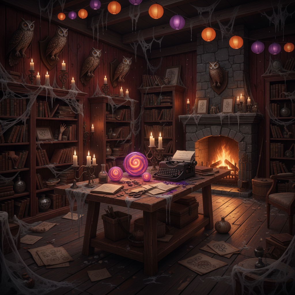 Design a dimly lit, cozy Creative Workshop with a Halloween twist, filled with vintage and eclectic elements. The space features distressed wooden walls, adorned with cobweb-covered taxidermy owls and flickering candles. The floor is made of worn, wooden planks, and the walls are lined with old, leather-bound books and peculiar artifacts. A large, wooden workbench dominates the room, topped with an assortment of eerie, yet creative, tools such as vintage typewriters, antique scissors, and mysterious, glowing orbs. The walls are painted a deep, rich red, and the air is filled with the scent of old paper, wood, and spices. String lights made from paper lanterns in orange and purple hues cast an otherworldly glow, while a roaring fireplace crackles in the background, casting shadows on the walls. The atmosphere is one of whimsical, Gothic creativity, inviting artists to unleash their inner darkness and imagination.