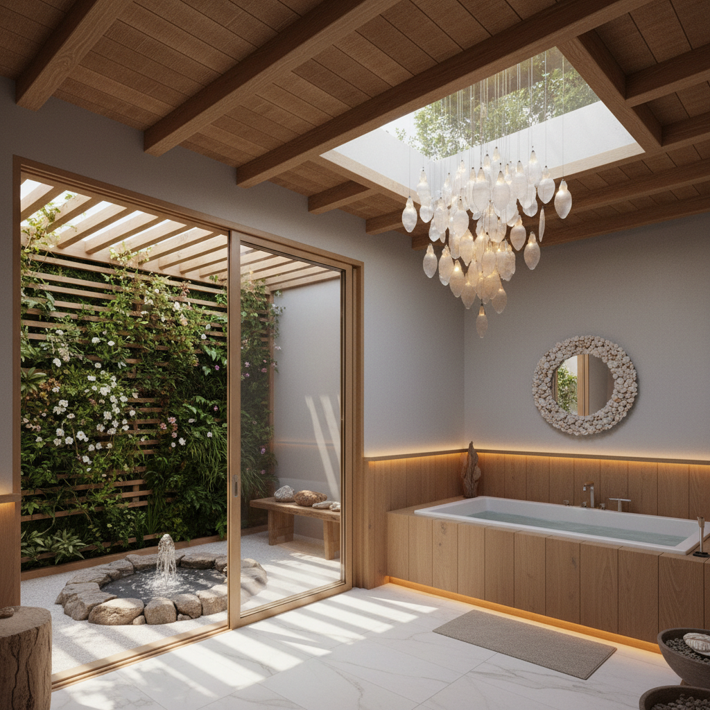 Create a serene spa room in a biophilic style, surrounded by nature. The space features a floor-to-ceiling living wall with lush greenery and flowering vines, cascading down a wooden trellis. The walls are painted a soothing light gray, and the ceiling is a natural wood beam structure with exposed wooden shingles. A large glass door leads to a private outdoor courtyard with a tranquil water feature, where a small fountain bubbles and splashes amidst a ring of native stone. Plush white marble flooring and walls of soft, warm wood surround a freestanding soaking tub, while a retractable skylight above allows sunlight to pour in. A carefully curated selection of natural stone and driftwood accents, including a reclaimed wood bench and a shell-adorned mirror, adds organic texture and visual interest. The space is illuminated by warm, soft LED lighting and a stunning chandelier made from a natural sea glass pendant.