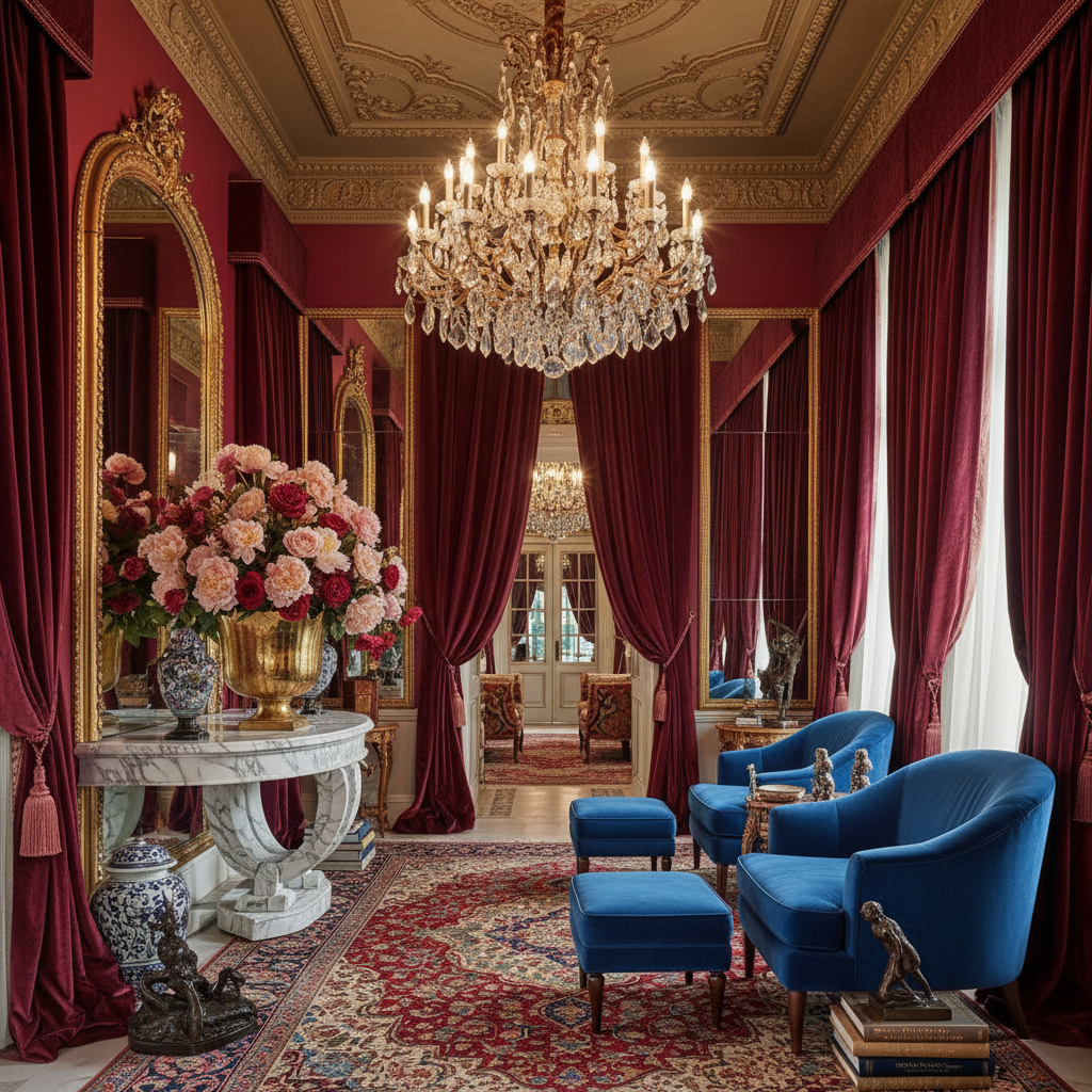 Design a grand entrance in Maximalist style, featuring a richly textured and opulent atmosphere. The space is approximately 10 feet wide and 8 feet tall, with a soaring ceiling adorned with a statement chandelier. Walls are painted a deep, bold crimson (color code: Pantone 208C), and floor-to-ceiling curtains made of heavy, velvety burgundy velvet (material: silk velvet) line the space, punctuated by floor-to-ceiling mirrors. A grand, curvaceous marble console table (material: Carrara marble) supports a stunning, oversized floral arrangement (flowers: peonies and garden roses) in a gleaming, gold metal planter (material: 24k gold-plated metal). Plush, oversized armchairs in a deep, rich blue (color code: Pantone 2965C) are arranged in a dramatic, asymmetrical pattern, with a matching ottoman at the base of each chair. The room is