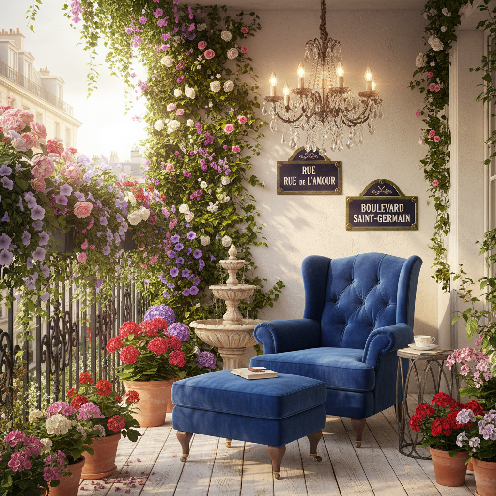 Design a charming Parisian balcony with a wrought-iron railing, adorned with soft greenery and a lush floral display. The balcony's walls are painted a warm, creamy white, while the floor is made of weathered wood. A plush, oversized armchair in a deep, rich blue fabric is placed in a sunny nook, with a matching ottoman at its feet. A delicate, crystal chandelier hangs above the seating area, casting a warm, golden glow. A small, ceramic fountain plays a gentle melody, surrounded by potted geraniums and a few strategically placed, vintage Parisian street signs. The overall atmosphere is one of elegant, understated joie de vivre.