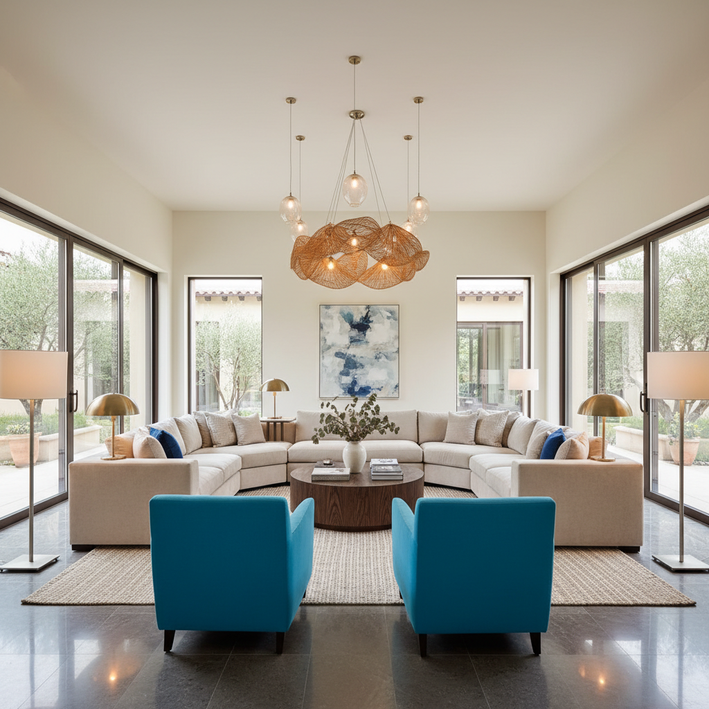 Design a sleek and inviting Contemporary Mediterranean-style living room with a neutral color palette, warm textures, and sophisticated lighting. The space features a rectangular floor plan with a 12-foot ceiling, surrounded by floor-to-ceiling sliding glass doors that lead out to a tranquil courtyard garden. Walls are painted a soft, creamy white (Benjamin Moore's Simply White), while the floors are made of warm, dark gray marble. A plush sectional sofa in a light beige color (Café au Lait) is arranged in a conversational circle around a low, circular coffee table made of rich, dark wood. Accent chairs are upholstered in a vibrant, turquoise blue fabric, adding a pop of color and energy to the space. Table lamps with sculptural metal shades and floor lamps with slim, cylindrical silvers add a touch of glamour, while a stunning chandelier made of woven rattan and glass pendant lights hangs above the seating area, casting a warm, golden glow. The overall atmosphere is relaxed,