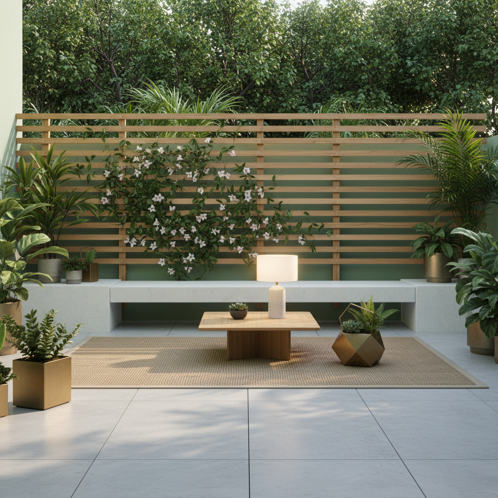Generate a minimalist terrace with a calming atmosphere, set against a backdrop of lush greenery. Incorporate clean lines, neutral tones, and natural textures. A wooden trellis supports a flowering vine, while a low-slung, white concrete bench invites relaxation. Soft, warm lighting emanates from a table lamp, casting a gentle glow on a natural fiber rug. The walls are painted a soothing sage color, allowing the surrounding foliage to take center stage. The space is accented with a few carefully selected, geometric planters in a metallic finish, adding a touch of industrial chic.