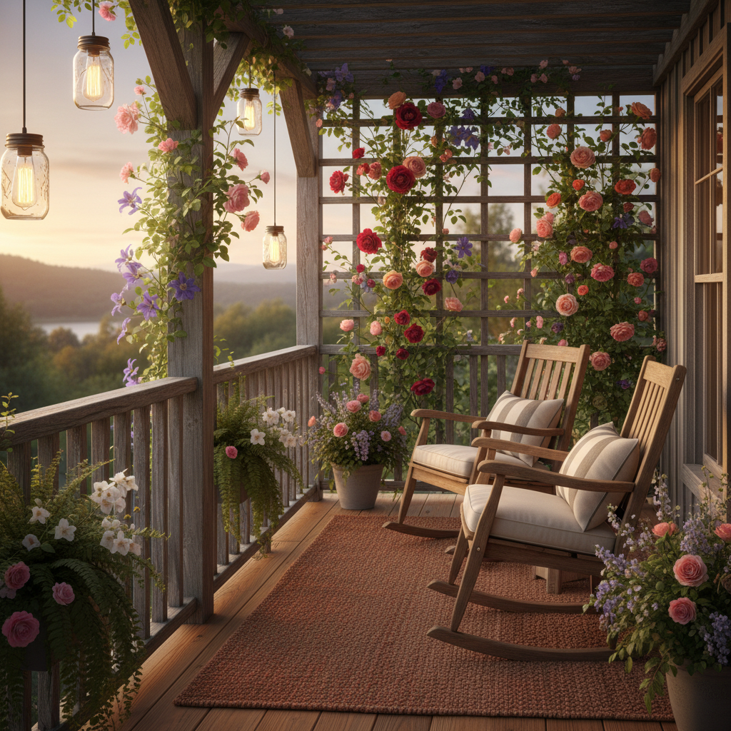Design a cozy Modern Farmhouse-style balcony with rustic charm, surrounded by lush greenery. The space features a distressed wood railing, weathered to a warm, silvery gray, and adorned with lush ferns and flowering vines. The floor is made of rustic wooden planks, in a warm honey-brown tone, with a soft, plush area rug in a natural fiber and earthy red hue. A pair of worn, wooden rocking chairs, with soft cushions in a creamy white and gray stripe, sit invitingly beneath a sturdy wooden trellis, where climbing roses and clematis bloom in vibrant colors. The lighting is warm and intimate, provided by pendant lanterns made from mason jars and Edison bulbs, suspended from the railing. Soft, warm golden light spills out onto the balcony, illuminating the lush foliage and inviting relaxation.