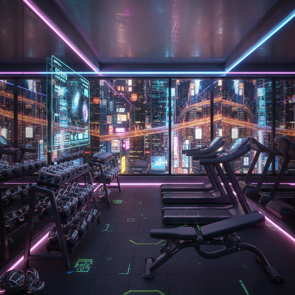A high-tech home gym bathed in neon glows, with mirrored reflective walls reflecting the luminous pink, blue, and purple lights. The floor is black rubber with green and yellow holographic patterns. Heavy-duty metal racks hold sleek, chrome weights that gleam under the ambient glow. Retro-futuristic cardio machines have glowing screens with sci-fi graphics. A wall-mounted smart panel displays personalized workout metrics in holographic font. The air is filled with the hum of machines and the faint scent of ozone. A large window reveals a sprawling metropolis below, illuminated by a sea of neon signs. The atmosphere is intense, dynamic, and charged with futuristic energy.