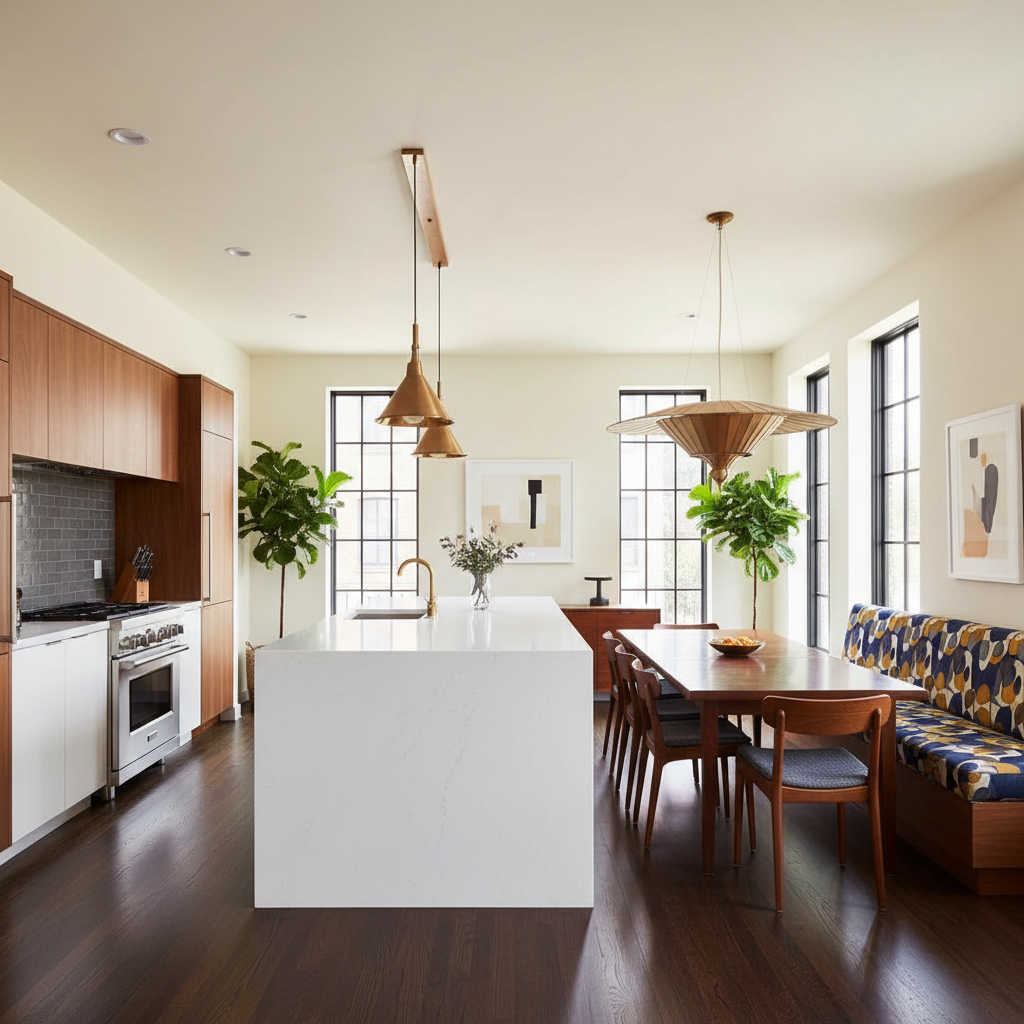 Design an Open Integrated Kitchen in a Contemporary Mid-Century style, featuring a large island with a white quartz countertop, extending into a dining area. Walls are painted a warm, creamy white, while floors are made of rich, dark hardwood. A sleek, low-profile gas range and induction cooktop are positioned against a dark gray subway tile backsplash, adjacent to a built-in banquette with cushioned seats and tufted upholstery in a bold, graphic fabric. Floor-to-ceiling windows allow natural light to pour in, illuminating a show-stopping pendant light fixture made from a sculptural metal shade suspended from a minimalist wooden beam.