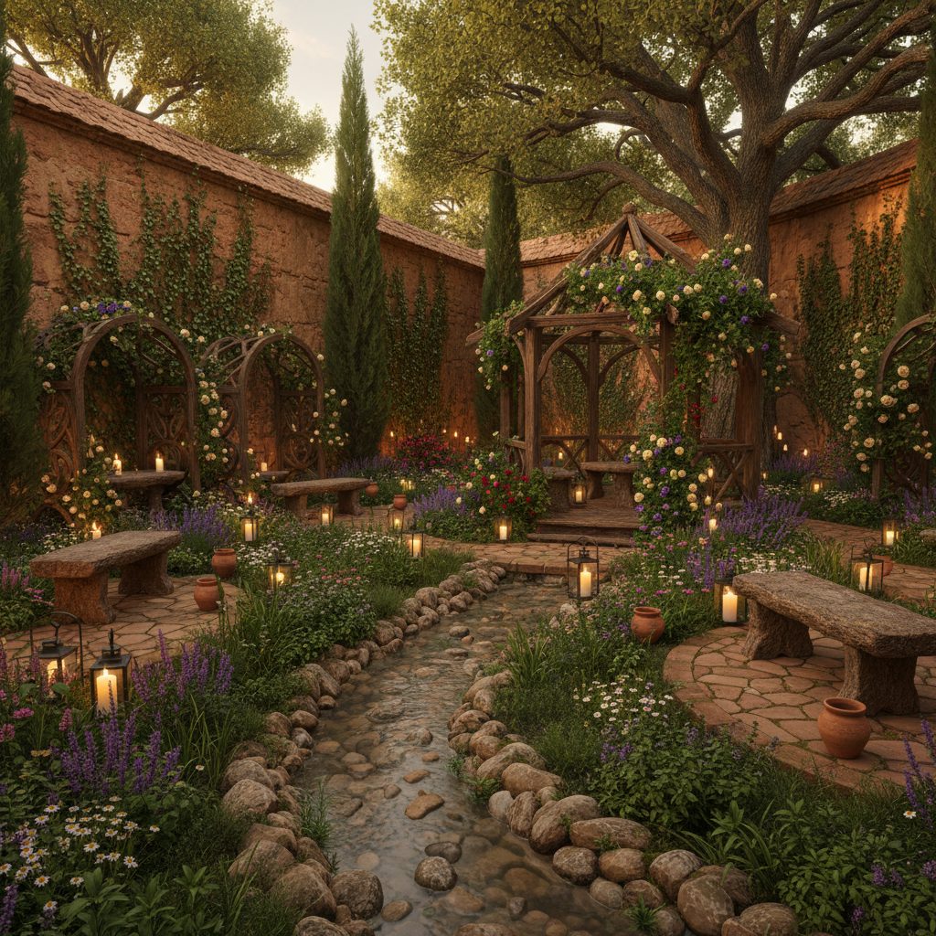 Create a serene and mystical medieval garden with stone walls, adorned with ivy and moss, surrounded by a babbling brook. The space is illuminated by soft, warm candlelight and lanterns, casting a golden glow on weathered stone benches and intricately carved wooden trellises. Earthy tones of terracotta, sienna, and moss green dominate the palette, complemented by rich jewel-tones of emerald and amethyst. A lush carpet of wildflowers and herbs, including lavender and chamomile, spills over stone pathways, while towering cypress trees and ancient oaks provide shade and structure to the space. A rustic wooden gazebo, adorned with fresh greenery and flowers, stands at the garden's center, inviting contemplation and relaxation amidst the tranquil atmosphere.