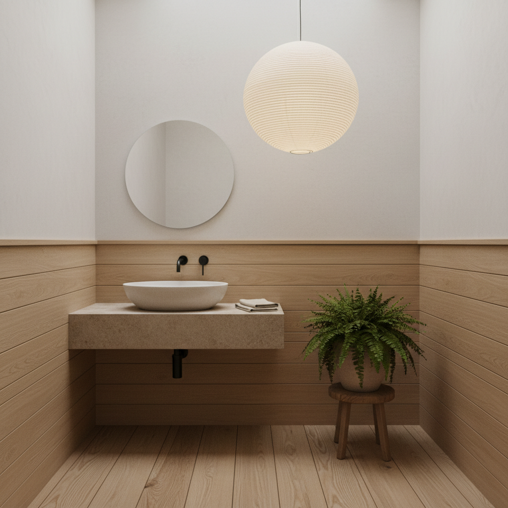 The powder room is a serene sanctuary with a Natural Japandi aesthetic, blending Scandinavian simplicity and Japanese minimalism. The walls are adorned in a soft, matte whitewash with natural wood paneling in a light oak finish, creating warmth and texture. The freestanding ceramic sink has a clean, organic shape with a matte black faucet, complemented by a naturally textured stone countertop in a neutral beige tone. Flooring is made of reclaimed wood in a light, warm hue, adding to the organic feel. The space is illuminated by a handcrafted paper pendant light with a soft, diffused glow, while a single, potted fern adds a touch of greenery. The atmosphere is calm and uncluttered, evoking a sense of tranquility and natural harmony.