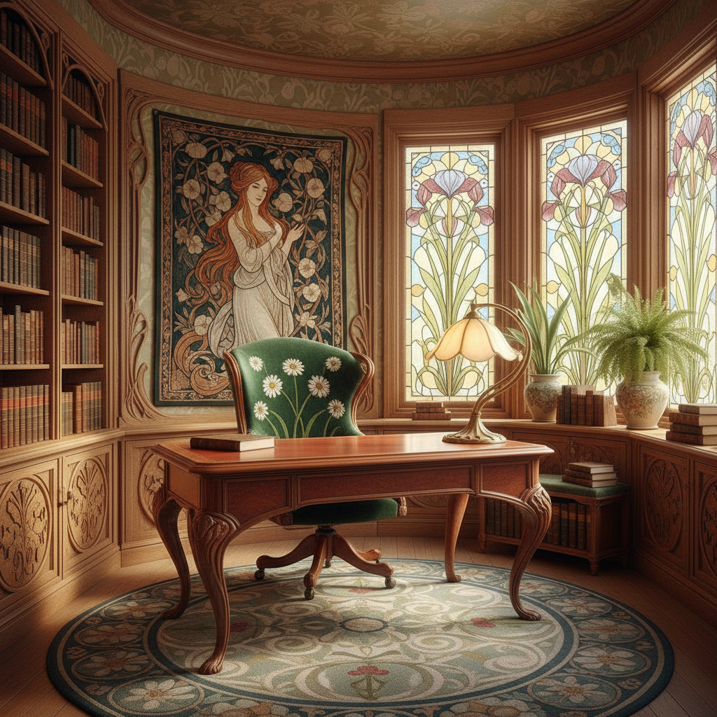 A sunlit, high-ceilinged home office showcases Art Nouveau elegance with intricate, flowing floral patterns carved into the oak wood paneling. Delicate stained-glass windows cast soft, colorful light across a polished cherrywood desk with curving legs. A plush velvet armchair in deep emerald green, adorned with embroidered daisy motifs, sits beneath a matching, ornate tapestry. Brass-framed shelves display antique books with gilded spines, while a vintage desk lamp with a carved alabaster shade provides warm, ambient lighting. Soft, patterned wallpaper in muted gold and green complements the space, creating an inspiring, artistic retreat.