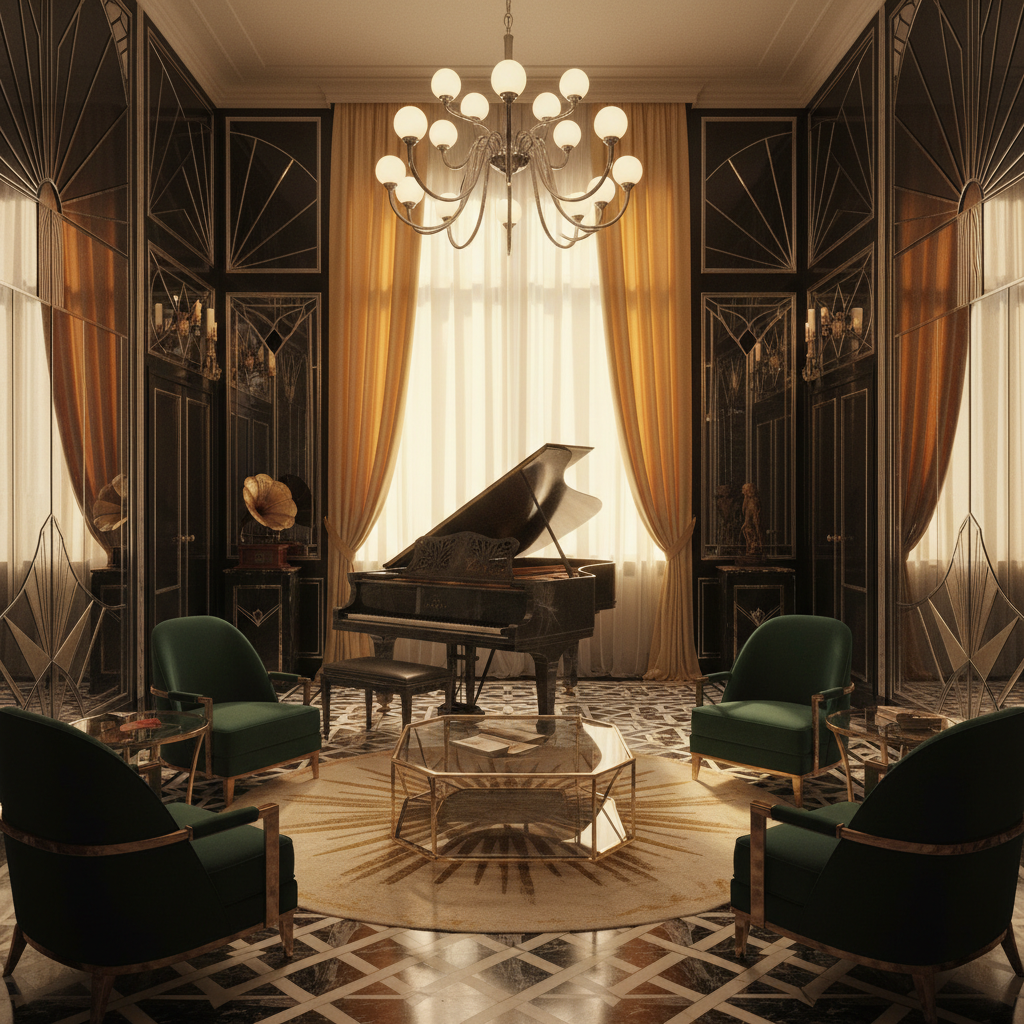 A luxurious 1920s Art Deco music room bathed in warm, golden light. The walls are clad in rich, high-gloss black lacquer, adorned with geometric sunburst patterns in silver and gold. A grand piano in polished ebony with mother-of-pearl inlays sits at the center, flanked by mirrored wall panels. Plush velvet armchairs in deep emerald green are arranged around a geometric glass coffee table, while a statement chandelier with sleek chrome arms and frosted glass globes casts a soft glow. Marble floors with intricate geometric tiles add opulence, and floor-to-ceiling windows drape in silken gold curtains, enhancing the glamorous, high-energy ambiance.