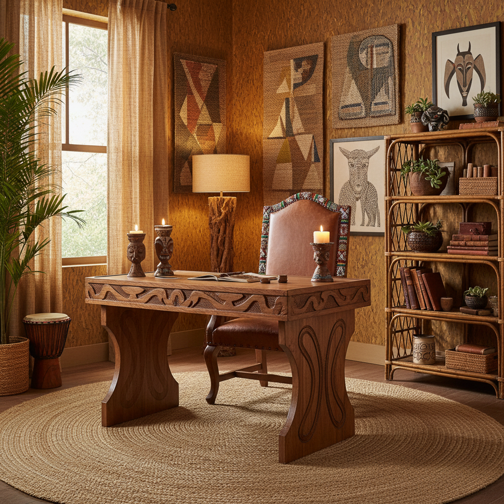 A cozy home office bathed in warm, earthy tones, featuring a large, hand-carved wooden desk with intricate tribal patterns, paired with a high-back leather chair adorned with tribal beadwork. The walls are textured with natural woven wall hangings and rugged, bark-like wallpaper in deep ochre. A handwoven jute area rug anchors the space, complementing the woven rattan shelving and tribal art prints. Soft, ambient lighting is provided by a sculptural bark lamp and candle holders, creating a serene, culturally rich atmosphere perfect for focused work.