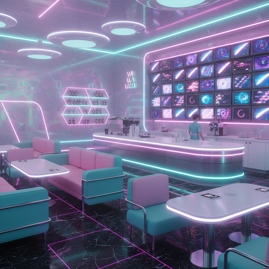 [B_INST] A retro-futuristic coffee shop bathed in neon and pastel hues, featuring a vibrant pink and teal color palette. The space is adorned with geometric patterns, holographic surfaces, and sleek, curvilinear furniture in chrome and brushed aluminum. Glowing LED strips trace the edges of the counter, shelves, and tables, while a wall of retro CRT monitors displays abstract, pixelated art. The floors are glossy black marble with digital glitch patterns etched into the surface, and the ceiling features floating, disc-shaped light fixtures emitting a soft, ethereal glow. [/B_INST]