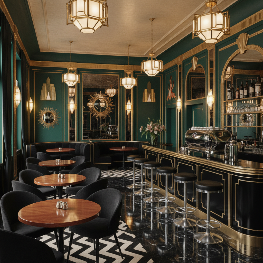 A 1920s-inspired Art Deco coffee shop with mirrored gold accents, deep emerald green walls, and polished black marble flooring. Glossy cherry wood tables paired with sleek black velvet chairs create a luxurious yet inviting atmosphere. Ambient lighting from geometric brass chandeliers and wall sconces with frosted glass casts a warm, inviting glow. A grand, black lacquered counter with gold trim houses a vintage espresso machine, surrounded by chrome bar stools. Decorative touches include sunburst mirrors, zigzag patterned rugs, and Art Deco-style murals on the walls. Dark, plush booths are tucked into mirrored alcoves, offering cozy nooks for patrons. The overall space is elegant, glamorous, and timeless, evoking the opulence of the Jazz Age.