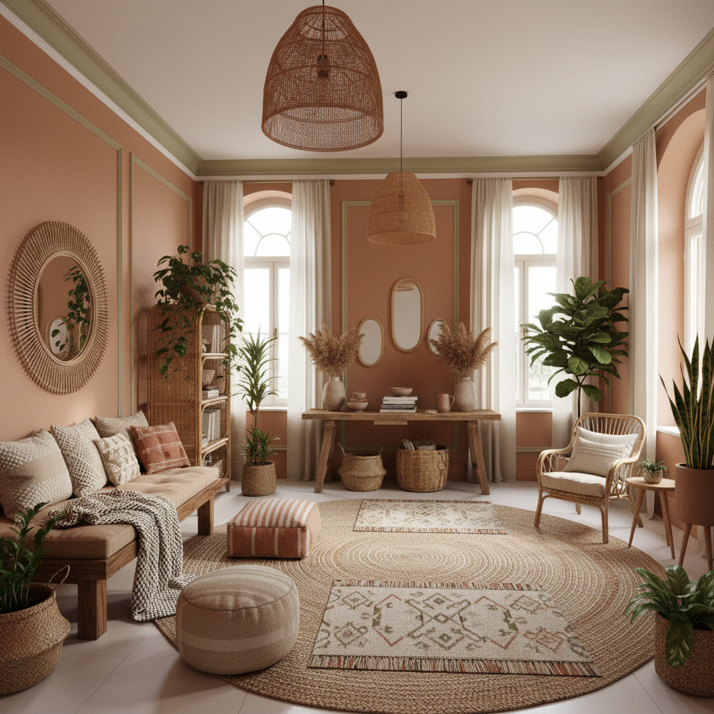 A beautiful Entrance designed in Natural Boho Chic style. Transform this interior space into natural boho chic style while maintaining the original room layout, walls, windows, and architectural features. Use a warm palette with terracotta, beige and soft greens. Layer a jute rug with a patterned cotton rug. Mix linen and crochet cushions, light throws and baskets. Choose solid wood or rattan furniture and add low poufs or benches. Incorporate many plants, natural framed mirrors and fiber shade lamps. Keep clear circulation and create cozy reading nooks. The space features carefully selected furniture, harmonious colors, natural lighting, and thoughtfully placed decorative elements that create a welcoming and aesthetically pleasing atmosphere.