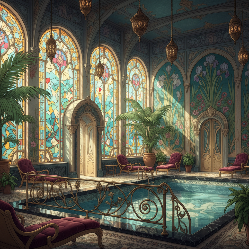 [B_OUT] A lavish Art Nouveau pool area with flowing, organic lines, illustrated by intricate wrought-iron railings and vibrant stained glass windows that cast a kaleidoscope of colors. The walls are adorned with hand-painted floral murals in rich, jewel tones of emerald, sapphire, and amethyst, complemented by plush velvet loungers in deep burgundy and gold. Delicate, arched doorways frame the pool, which is surrounded by polished black marble tiles with intricate mosaics depicting Art Nouveau motifs. Soft, ambient lighting from ornate, brass pendant lamps creates a dreamy, ethereal glow, while towering palm trees and lush greenery bring a touch of nature indoors, merging elegance with the serene poolside atmosphere. [/B_OUT]