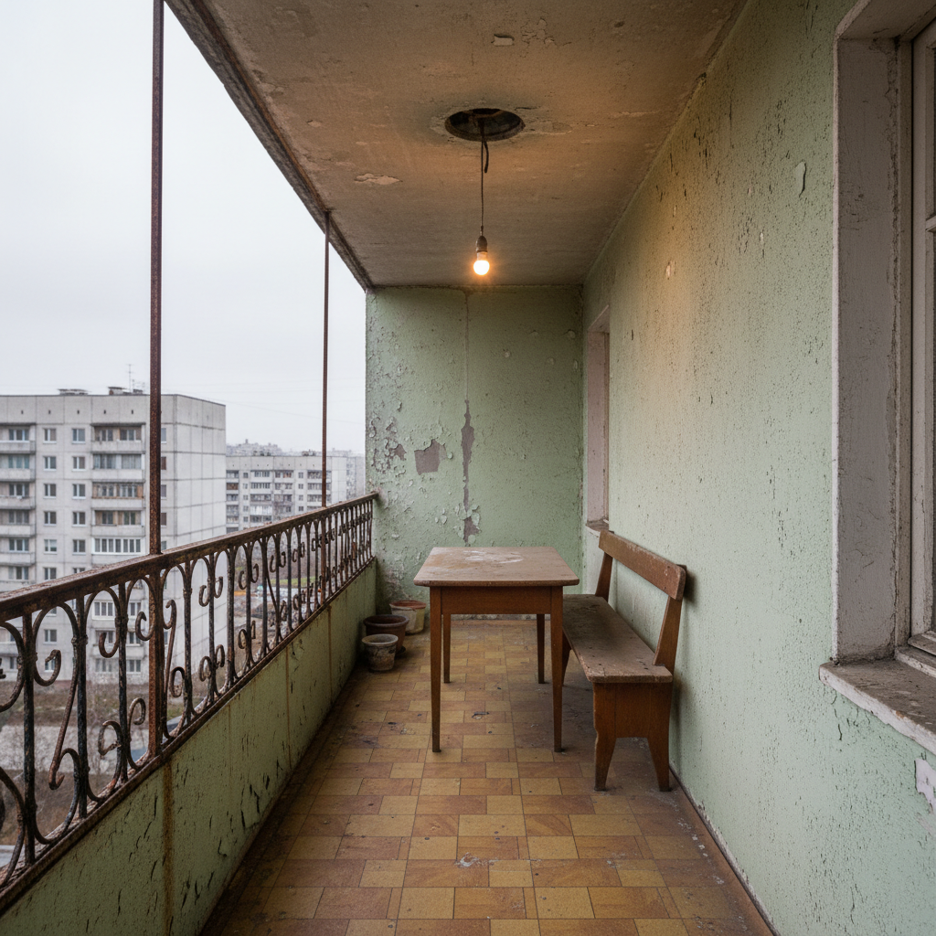 A narrow, weathered concrete balcony in a Soviet-era apartment, adorned with peeling paint and worn-out wrought-iron railings. A simple wooden table with chipped edges and a matching bench, both in faded dark wood, sit against the wall. The floor is covered in worn-out linoleum, slightly discolored with age. A single, bare lightbulb hangs from the ceiling, casting a dim, yellowish glow. The atmosphere is austere and functional, with a touch of lived-in nostalgia.