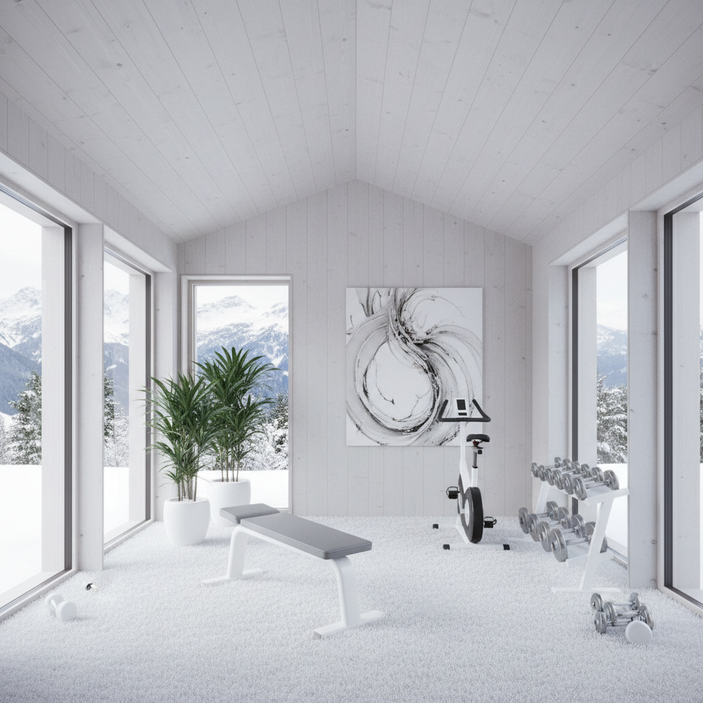 A sleek and modern home gym in a Snow Chalet style, where the interior is dominated by a serene, snow-white color palette with subtle gray undertones. The walls and ceiling are clad in smooth, light wood panels finished with a soft, matte white paint, creating a sense of calm and purity. Large, floor-to-ceiling windows allow natural light to flood the space, highlighting the soft, plush white carpeting that covers the floor, providing a comfortable and supportive surface for workouts. The room is filled with high-quality gym equipment, including a sleek white weight bench, a contemporary exercise bike with a minimalist design, and a set of matching white dumbbells. Additional decor, like a large, abstract wall art piece and a few tastefully arranged potted plants, adds a touch of warmth and personality to the space. The overall atmosphere is inviting and tranquil, making it an ideal space for fitness and relaxation. [/INT