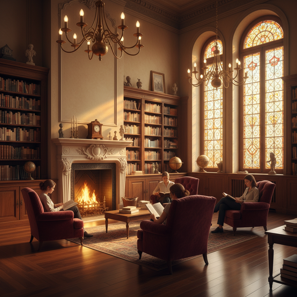 Design a serene Parisian-style library with rich, warm tones and intricate details. The space features soft, creamy walls (walls painted a warm beige, reminiscent of aged limestone) and rich, dark wood paneling (featuring a subtle walnut grain). The floor is made of polished dark hardwood, evoking the classic elegance of 19th-century Paris. Comfortable, plush armchairs in a deep, rich burgundy fabric are arranged around a large, stone fireplace, where a warm, golden glow emanates from a crackling fire. Soft, golden lighting filters through delicate, stained glass windows, casting a warm, ethereal glow over the space. The atmosphere is tranquil, inviting patrons to immerse themselves in the pages of classic literature, surrounded by the timeless beauty of the City of Light.