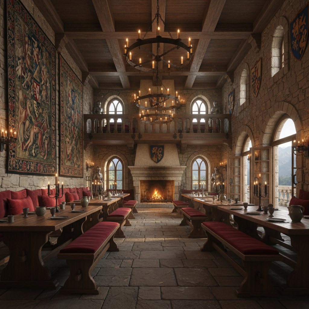 A beautiful Restaurant designed in Medieval style. Restyle this interior into medieval style while preserving walls. Use heavy wood furniture, stone textures, wrought iron hardware, and deep colors. Add tapestries, candle-like lighting, and arched motifs for a historic ambiance. The space features carefully selected furniture, harmonious colors, natural lighting, and thoughtfully placed decorative elements that create a welcoming and aesthetically pleasing atmosphere.