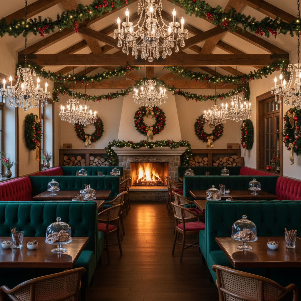 A cozy, elegant Christmas-style restaurant with a rustic yet refined aesthetic. Twinkling string lights and garlands adorn the ceiling, while a crackling fireplace sets a warm, inviting glow. Rich, jewel-toned velvet banquettes line the walls, paired with polished mahogany tables and woven rattan chairs. Crystal chandeliers, oversized wreaths, and festive ornaments adorn the space, creating a luxurious holiday atmosphere. Soft, ambient lighting enhances the intimate setting, complemented by the scent of pine, cinnamon, and freshly baked gingerbread. The design exudes timeless charm, blending classic Christmas decor with modern sophistication.