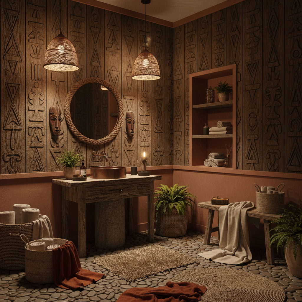 Design a bathroom in a tribal style, with earthy tones and natural textures. The space features rough-hewn wooden walls adorned with intricate carvings, reminiscent of tribal art. The floor is made of polished river rocks, creating a sense of warmth and organic feel. The walls are painted a soothing earthy brown, complemented by rich terracotta accents and woven baskets made of natural fibers. A stunning reclaimed wood vanity sits atop a pedestal made of rough-hewn stone, surrounded by plush throw blankets in earthy tones. Soft golden lighting emanates from woven rattan pendant lamps, casting a warm glow over the space. The overall atmosphere is one of cozy, rustic luxury, evoking the warmth and mystery of a tribal oasis.