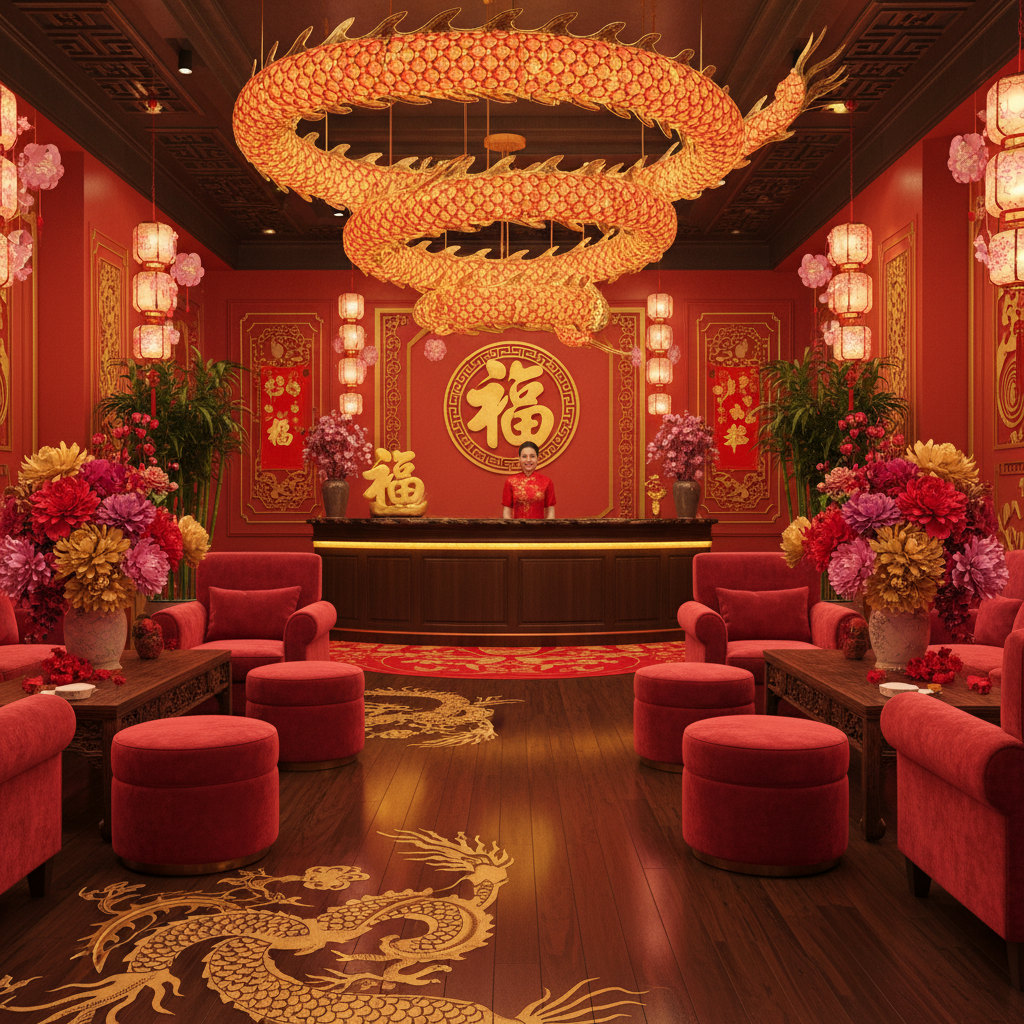 Design a vibrant and festive Chinese New Year reception area with a traditional red and gold color scheme. The space features a polished wooden floor, adorned with intricate carvings of Chinese dragons and phoenixes. Walls are painted a warm red hue, complemented by golden accents and ornate lanterns in the shape of plum blossoms and couplets. Comfortable red velvet armchairs and matching ottomans are arranged around a low, ornate table, surrounded by a lush arrangement of potted bamboo and Chinese paper flowers. Soft golden lighting casts a warm glow, while a stunning dragon-shaped pendant chandelier hangs above the reception desk, adding a touch of drama and celebration to the space.