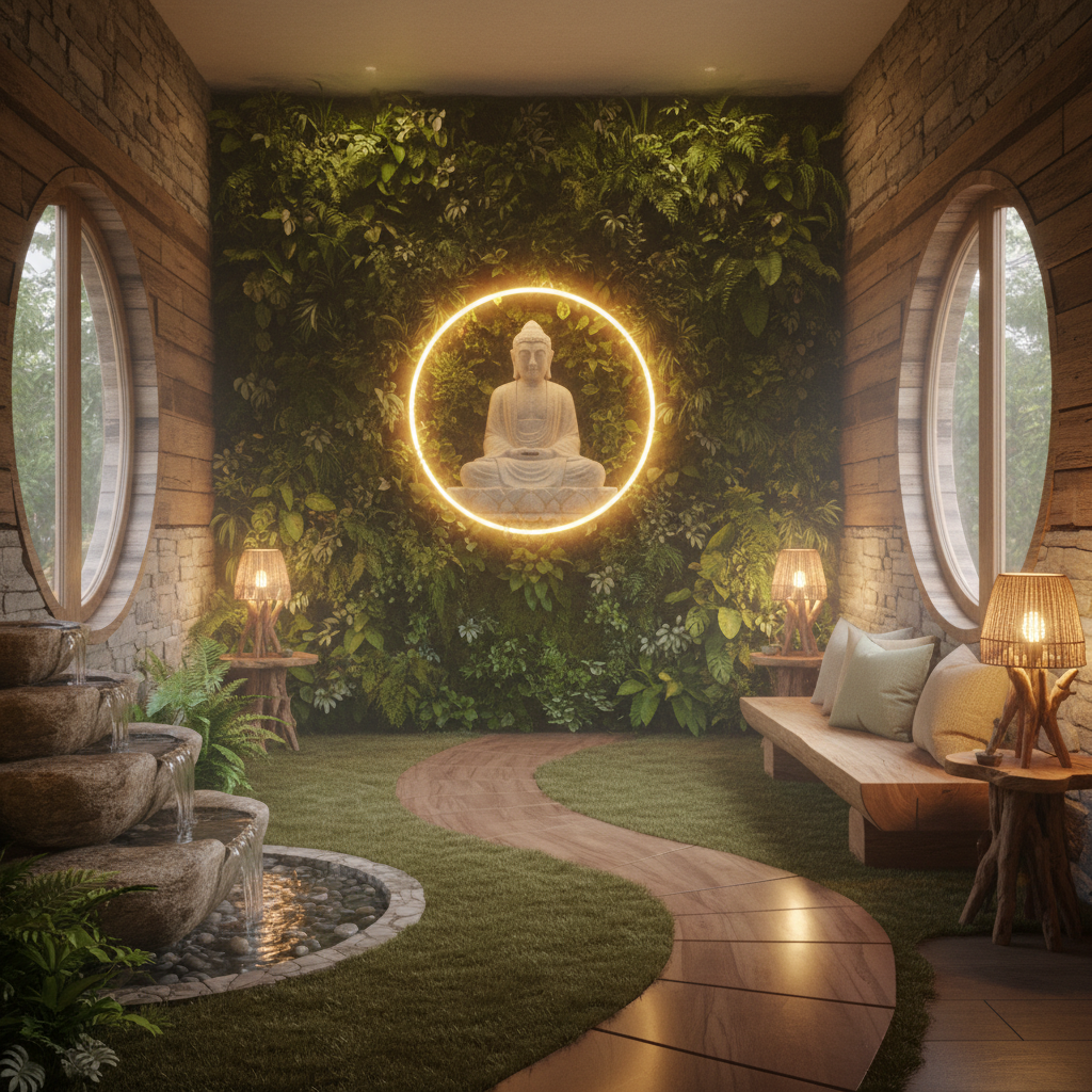 Create a serene Biophilic meditation room with a natural, earthy aesthetic, featuring a large living wall of lush greenery, a meandering wooden path, and a soothing water feature. The space is filled with soft, warm light from table lamps with reclaimed wood shades, and the walls are adorned with natural stone and reclaimed wood accents. The floor is covered with a plush area rug in a muted, moss-green color, and the furniture is minimal, with a low-slung wooden bench and a few natural fiber pillows in calming shades of beige and sage. The air is filled with the scent of essential oils, and the sound of gentle water flow creates a sense of tranquility, as the room's focal point is a stunning stone Buddha statue surrounded by a halo of soft, diffused light.