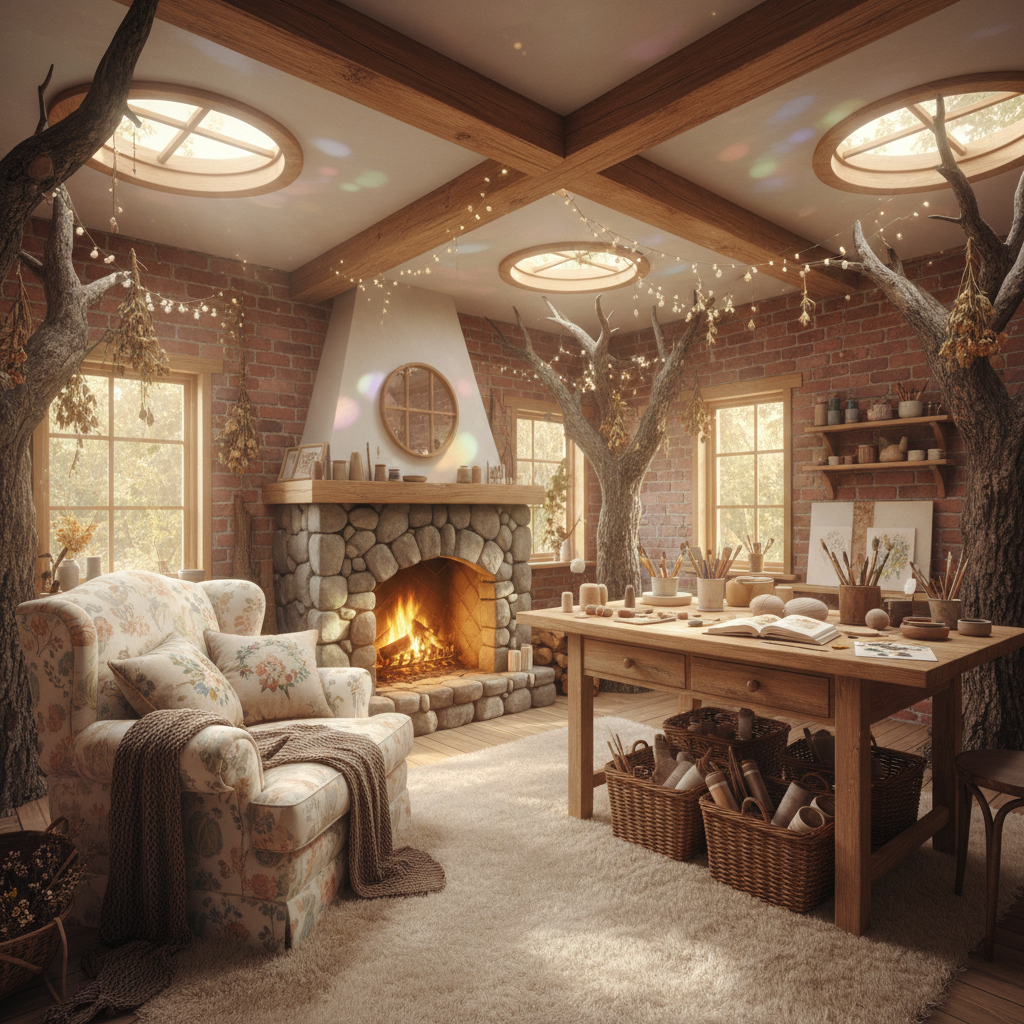 Design a cozy Creative Workshop with a Cottagecore aesthetic, nestled among rustic trees, featuring soft, warm hues and natural textures. The space boasts a plush, cream-colored carpet underfoot, complemented by distressed wooden beams, exposed brick walls, and wooden accents in a warm, honey-brown finish. Vintage-inspired furniture includes a comfortable, oversized armchair in a muted floral print, a wooden workbench with woven baskets, and a rustic, stone-faced fireplace crackling with a warm, golden glow. Soft, natural light pours in through round, wooden skylights, illuminating the space with a sense of serenity and creativity, as calming pastel colors dance across the walls and furniture, inviting artists to express themselves amidst nature's tranquility.